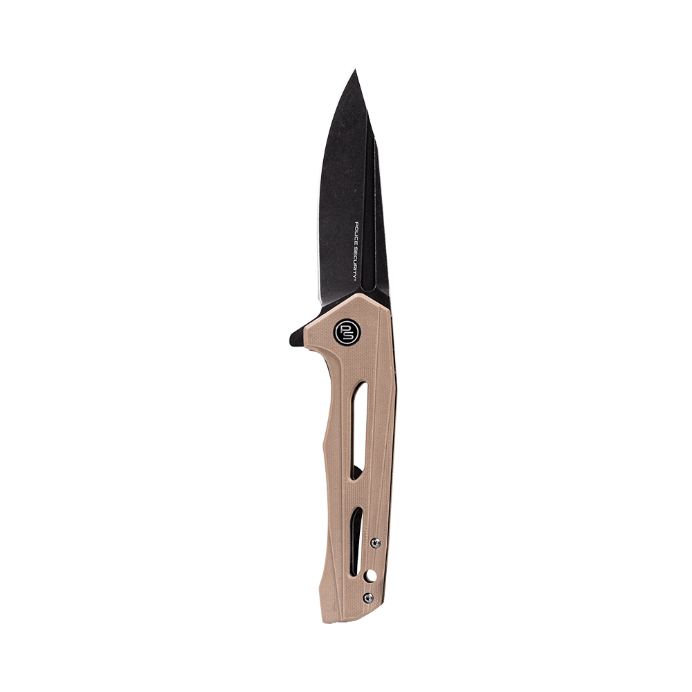 A TKX Elite folding knife with brown G10 handle and black steel blade on a transparent background