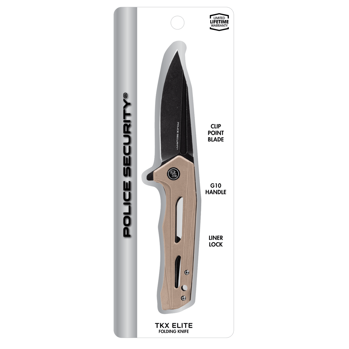 The TKX Elite folding knife inside its retail packaging