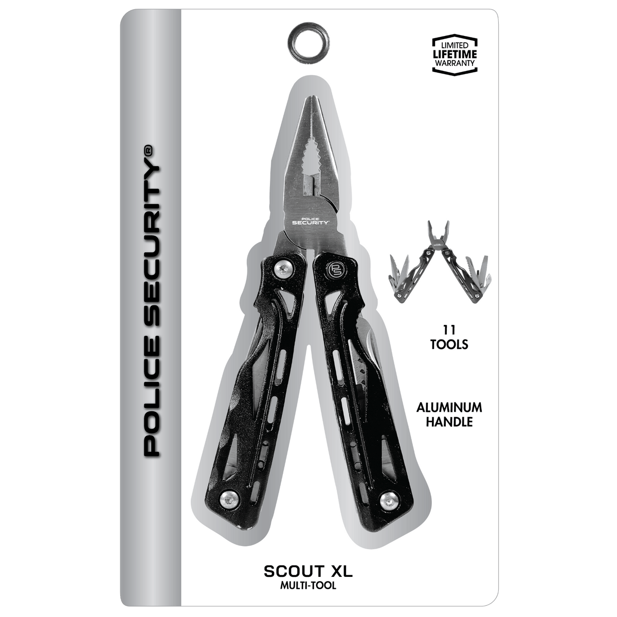 The packaging for the Police Security Scout XL pocket folding multi-tool