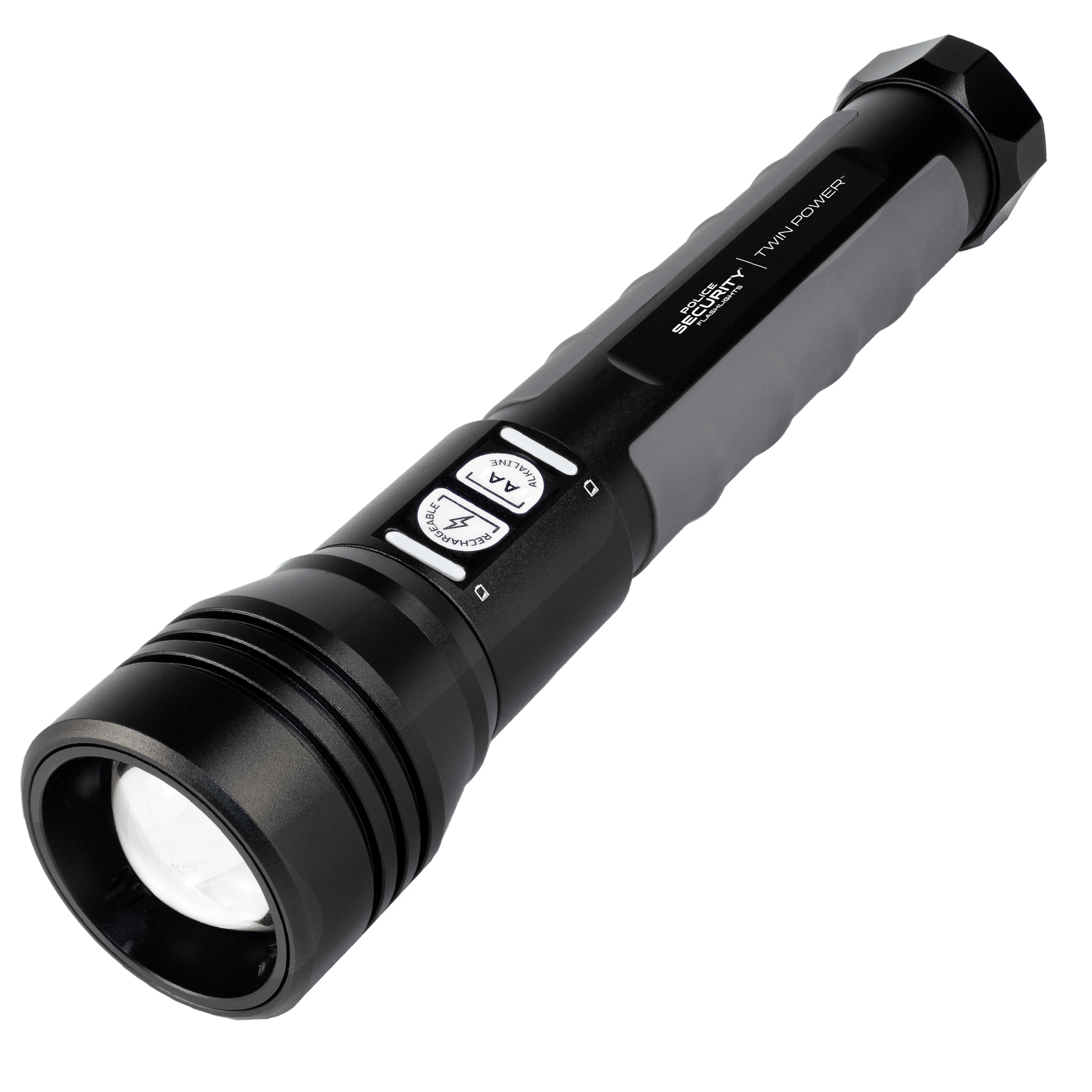 A black Police Security 4000 Twin Power flashlight with a textured grip, featuring two control buttons on the side and the brand name printed on the barrel, shown on a white background.