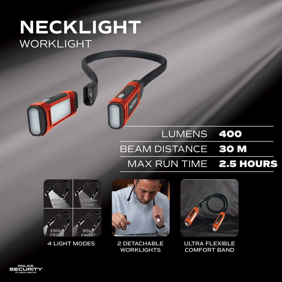 An infographic image showing the specs and details of the Police Security Detachable Neck Light