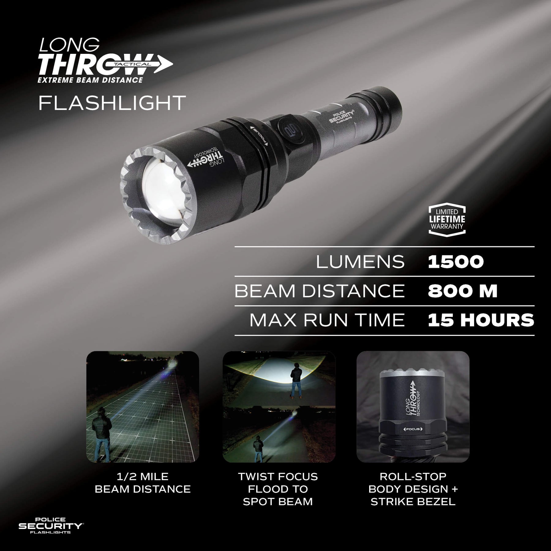 Long Throw 1500 Lumen Half-Mile Beam Rechargeable Flashlight