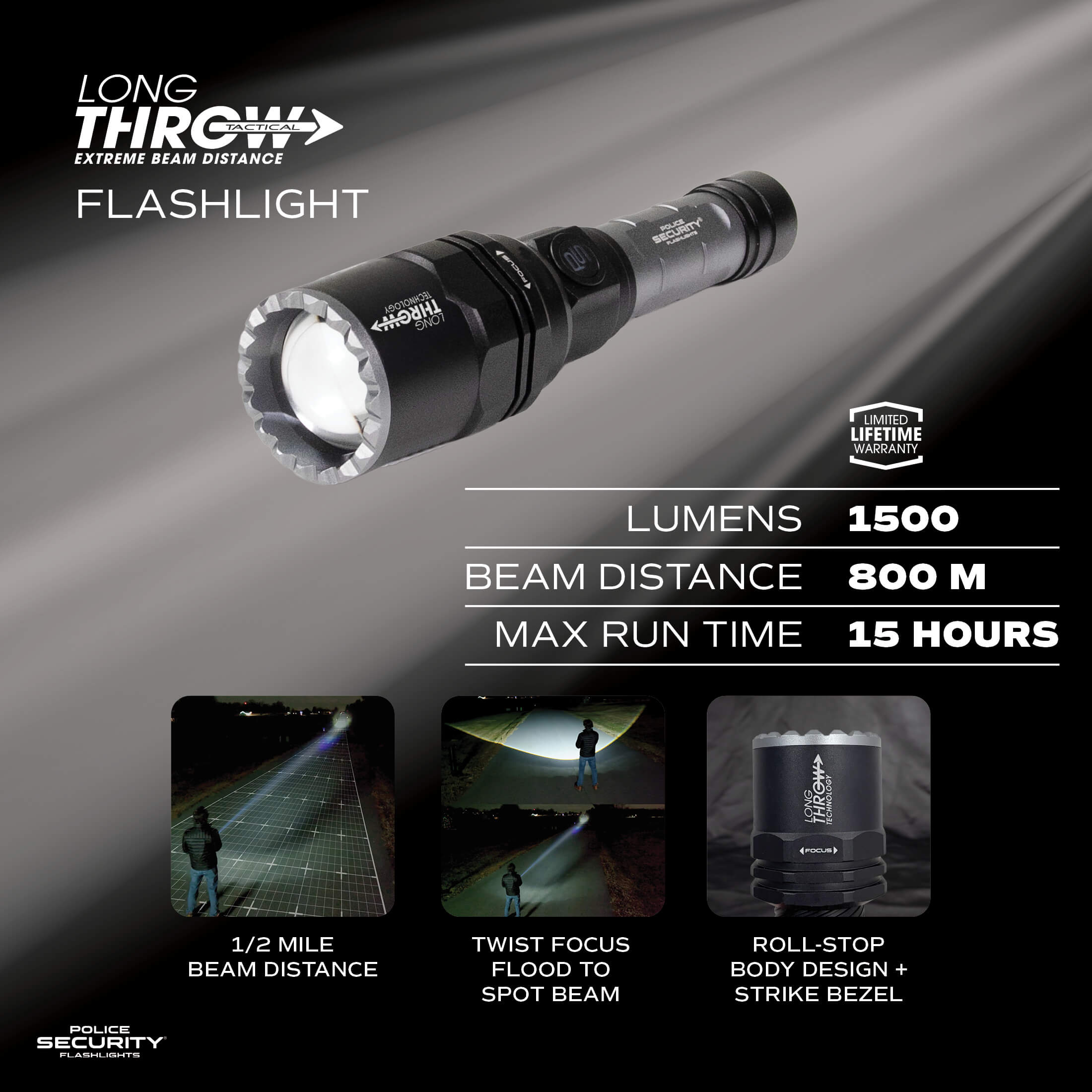 Long Throw 1500 Lumen Half-Mile Beam Rechargeable Flashlight
