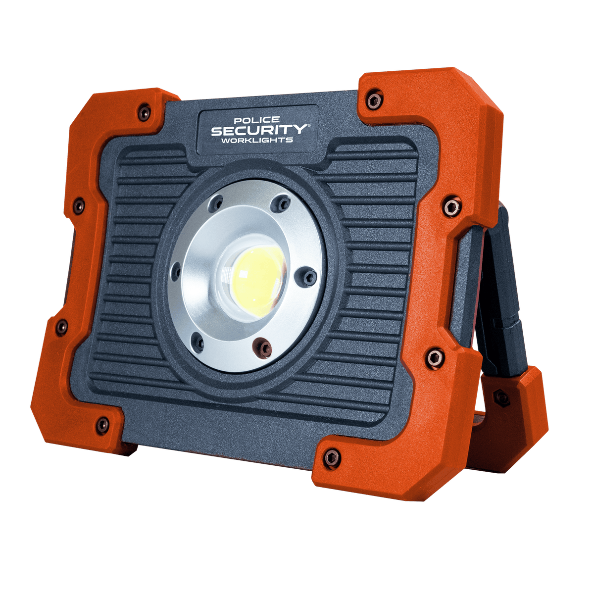 A rugged police security work light with a dark gray ribbed faceplate, bright orange protective corners, and a central silver lens around a yellow LED light, shown on a plain white background.