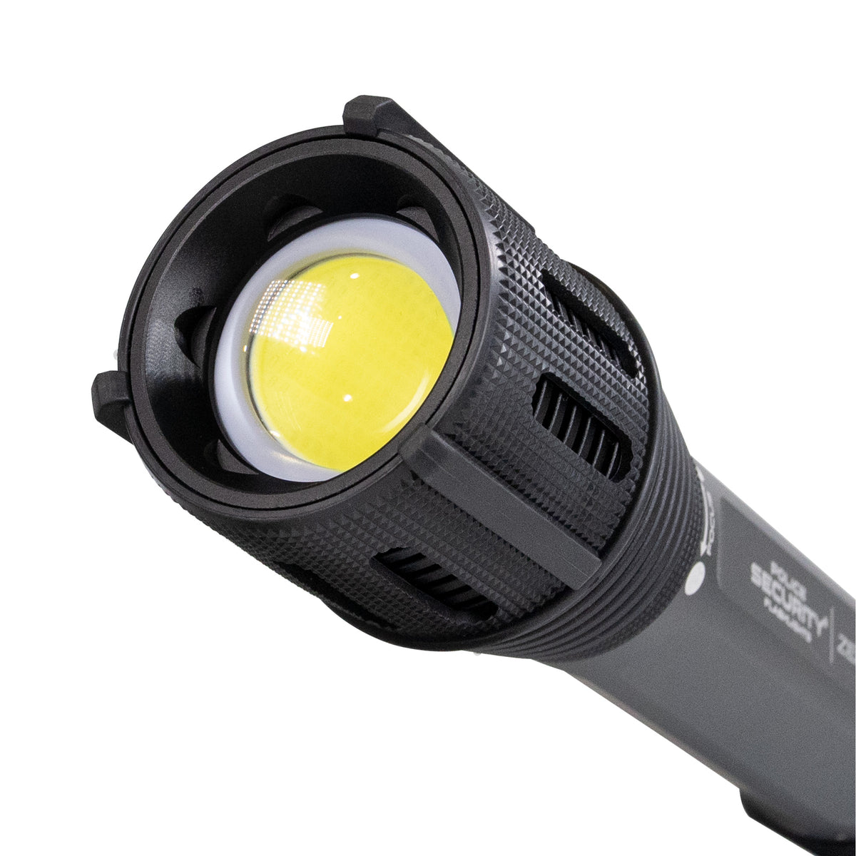 A close-up photo of the lens of the Police Security Zephyr-XL flashlight