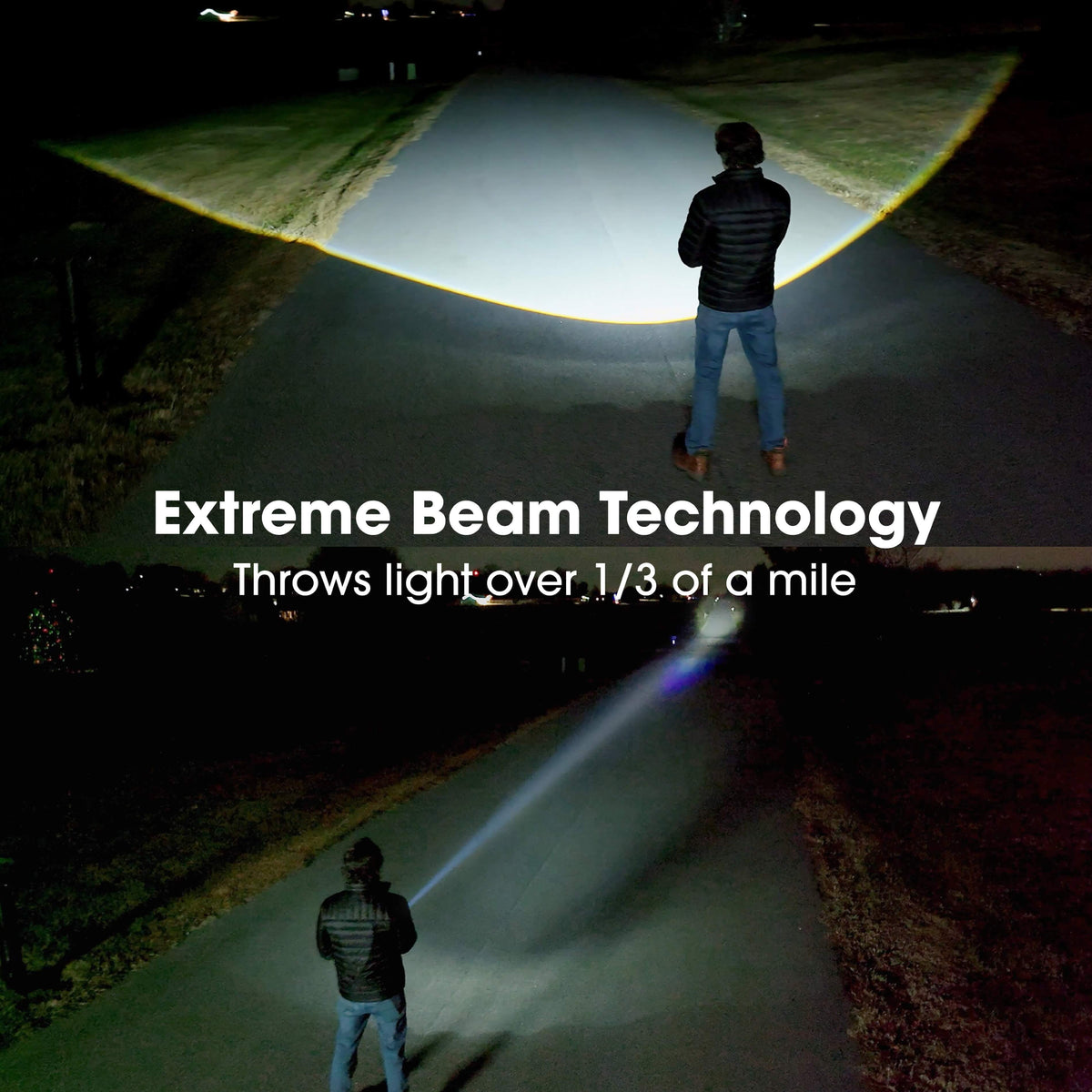 A split-screen comparison showing a person standing on a dark road at night, viewed from behind while shining a flashlight. The top panel shows the beam projecting a wide, bright illuminated area; the bottom panel shows the beam projecting a longer, narrower light beam further down the road.