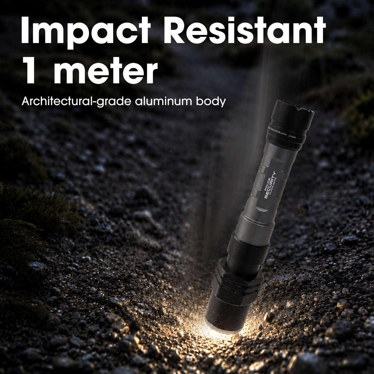 The Police Security Long Throw 700 flashlight being dropped with text discussing its durability