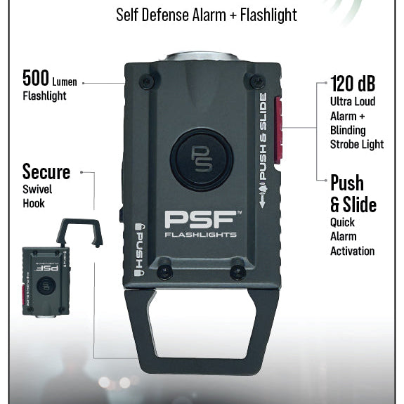 PSF Alert 120 self-defense alarm with flashlight details