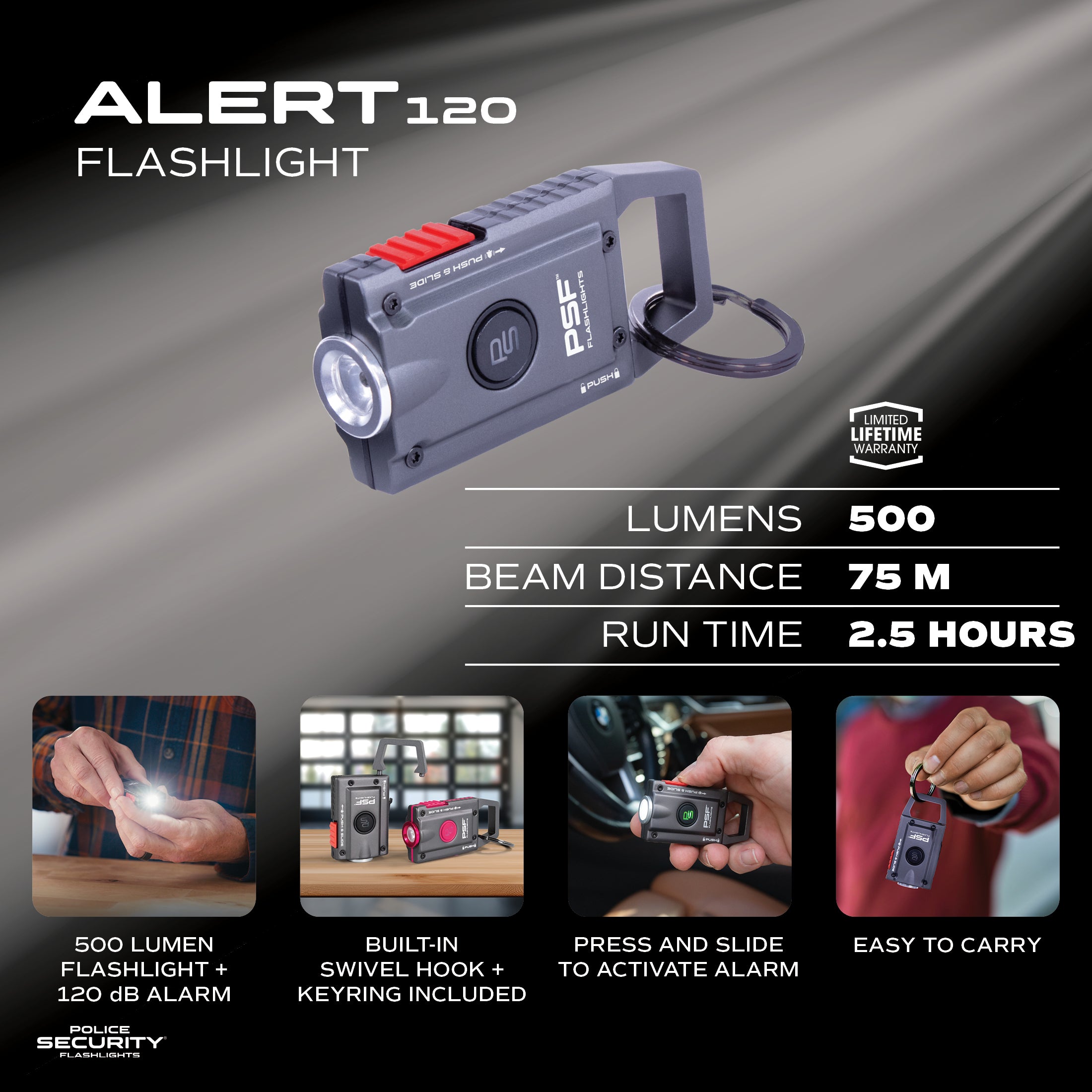 ALERT120™ RECHARGEABLE PERSONAL SAFETY ALARM & FLASHLIGHT