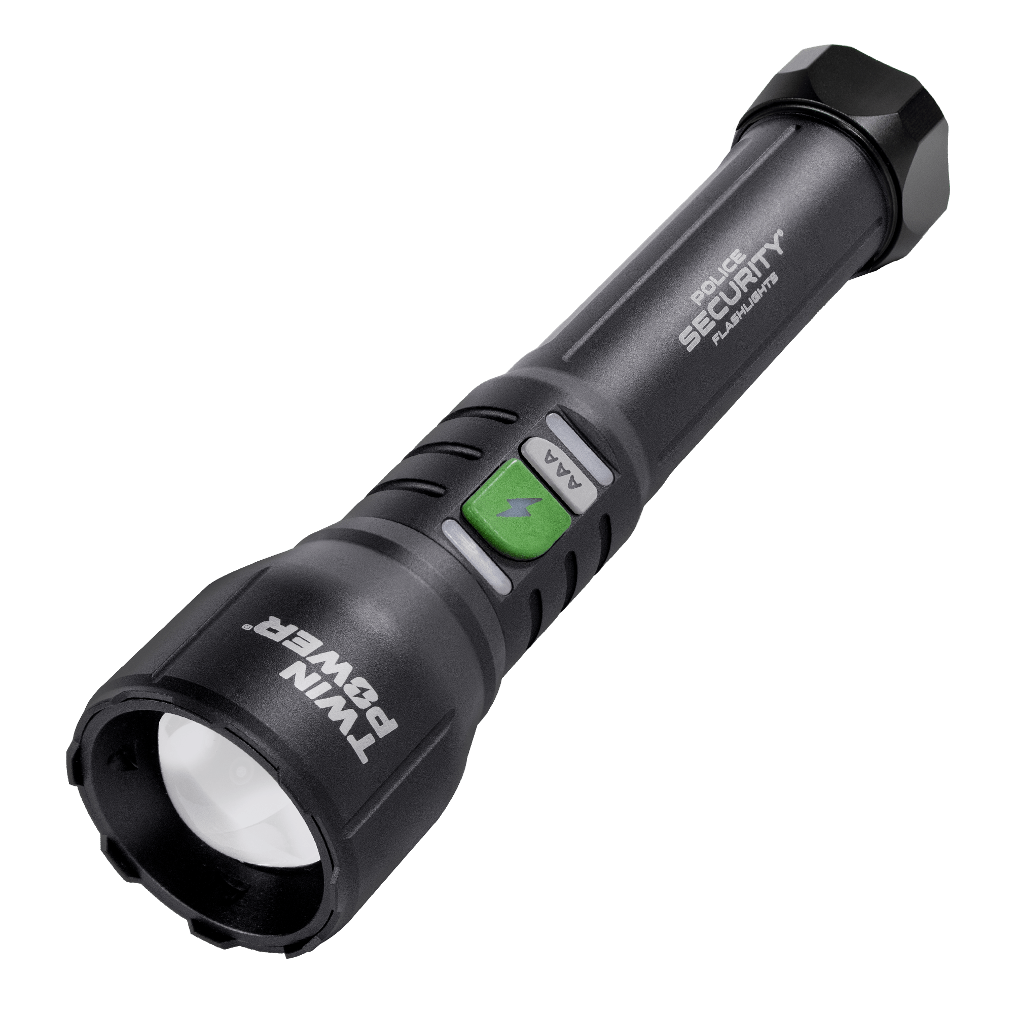 A black tactical flashlight with a textured grip, featuring a prominent green power button and white branding text for 'Twin Power' and 'Police Security Flashlights'.