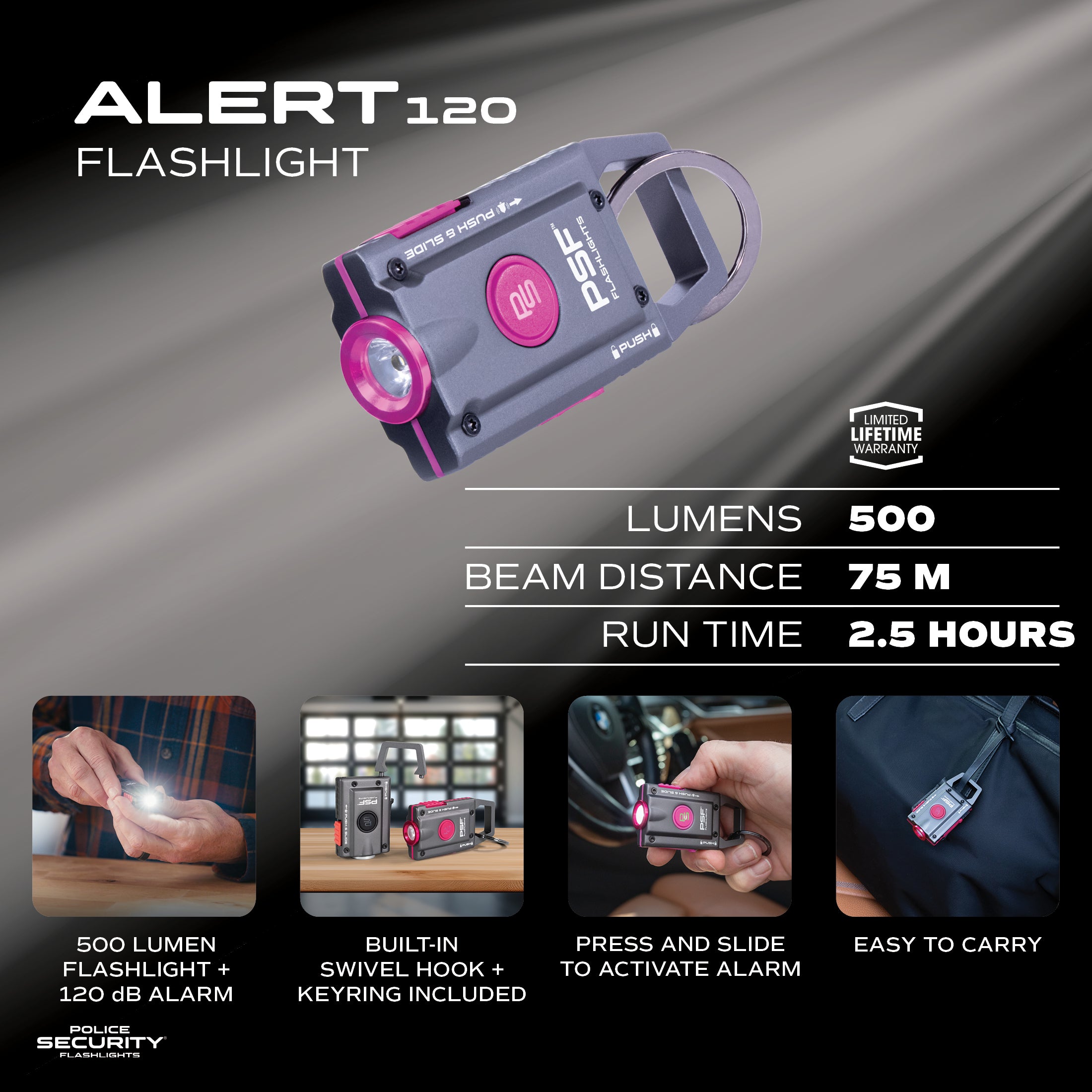 ALERT120™ RECHARGEABLE PERSONAL SAFETY ALARM & FLASHLIGHT