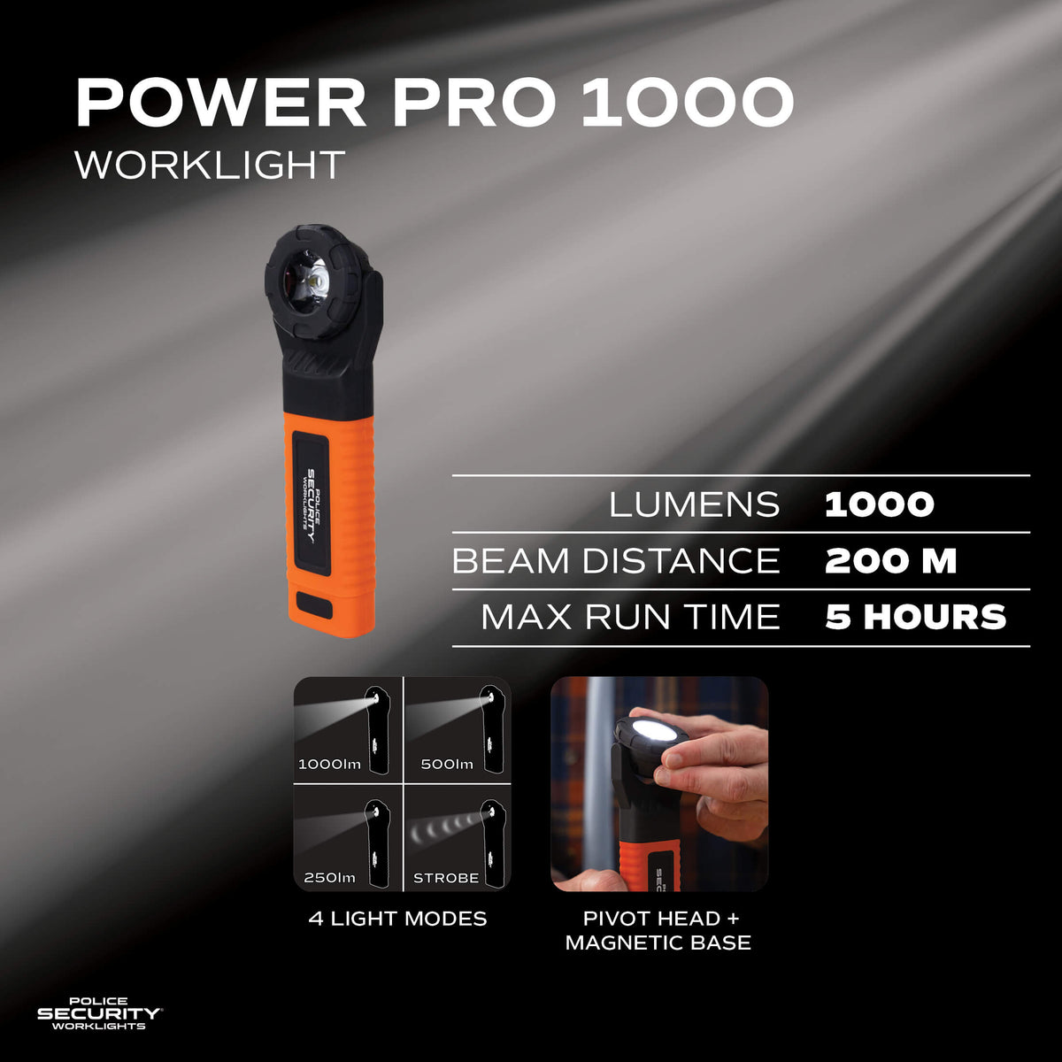 Infographic image showing details of the Police Security Power Pro work light