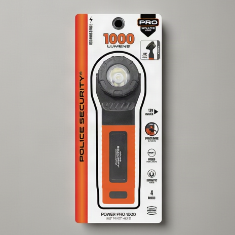 Packaging for the Police Security Power Pro work light in orange