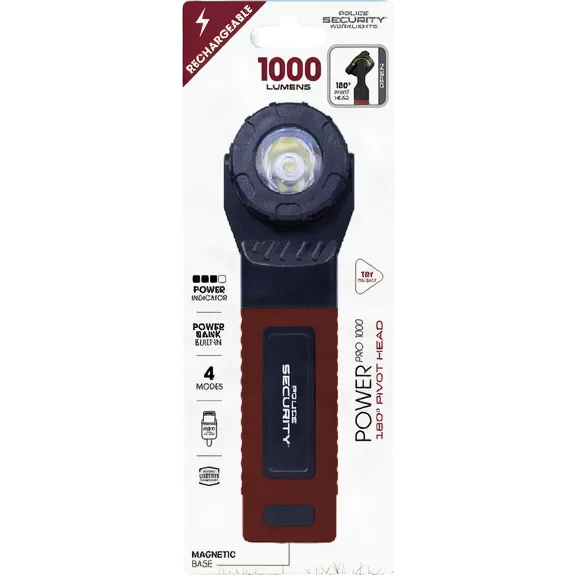 Packaging for the Police Security Power Pro work light in burgundy/red