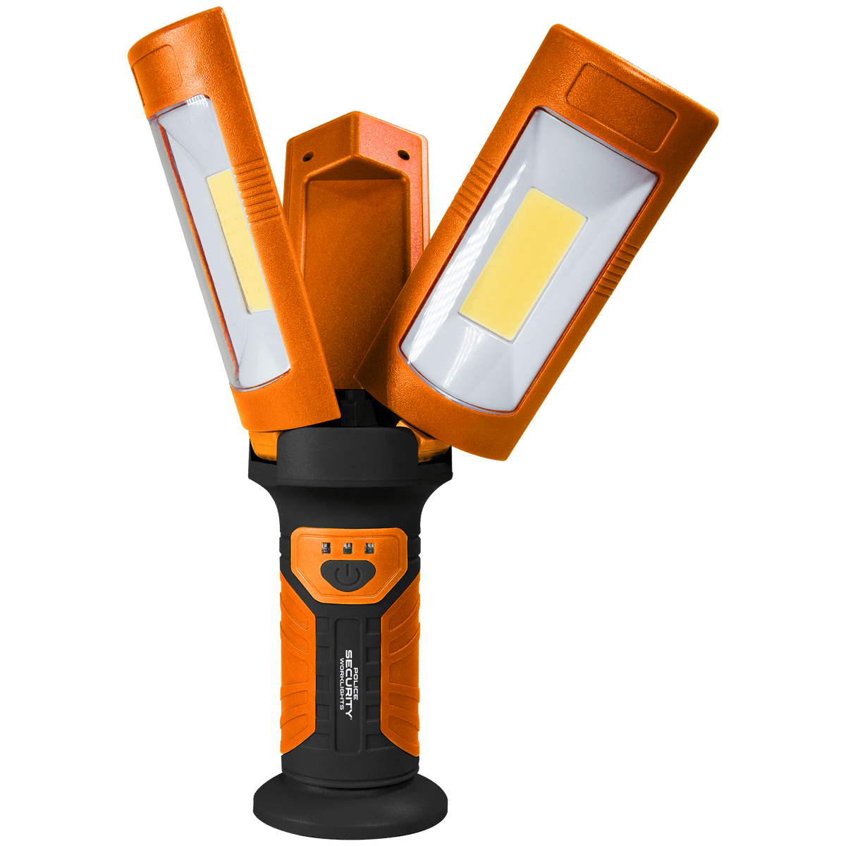 A three-light LED work lamp with a rugged orange and black handle, shown on a solid white background.