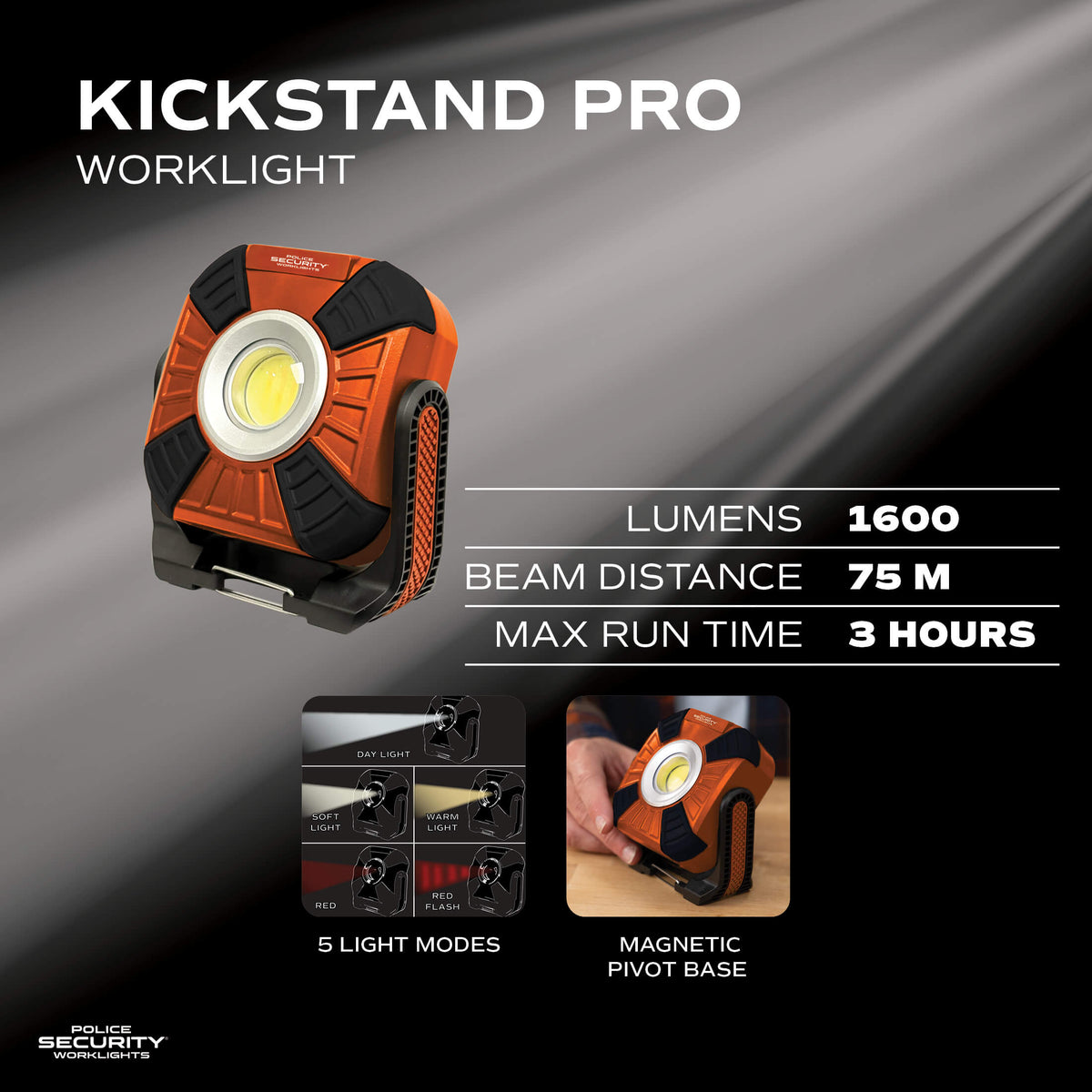 Images of the kickstand Pro worklight with specs