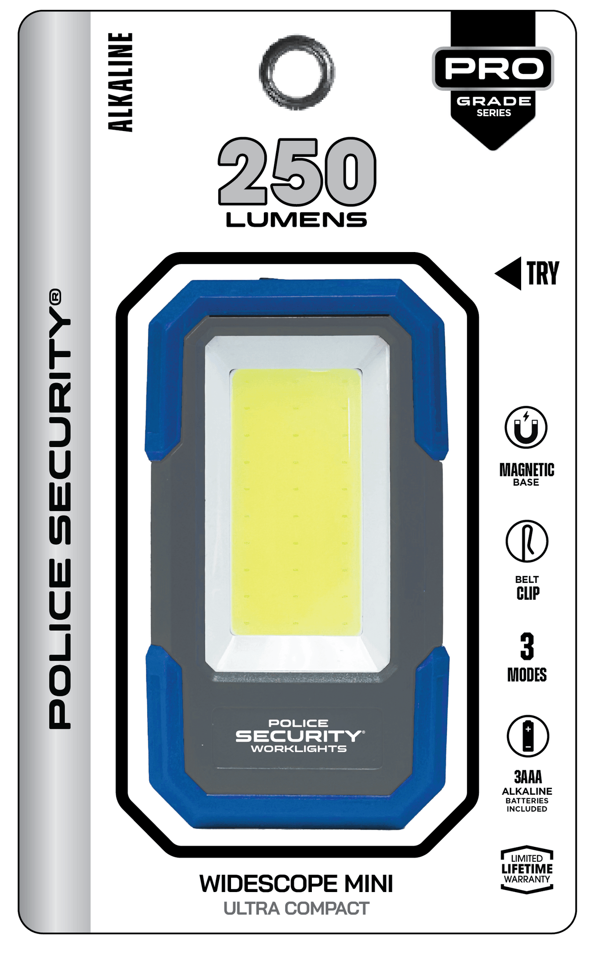 The packaging of the Police Security Widescope Mini work light