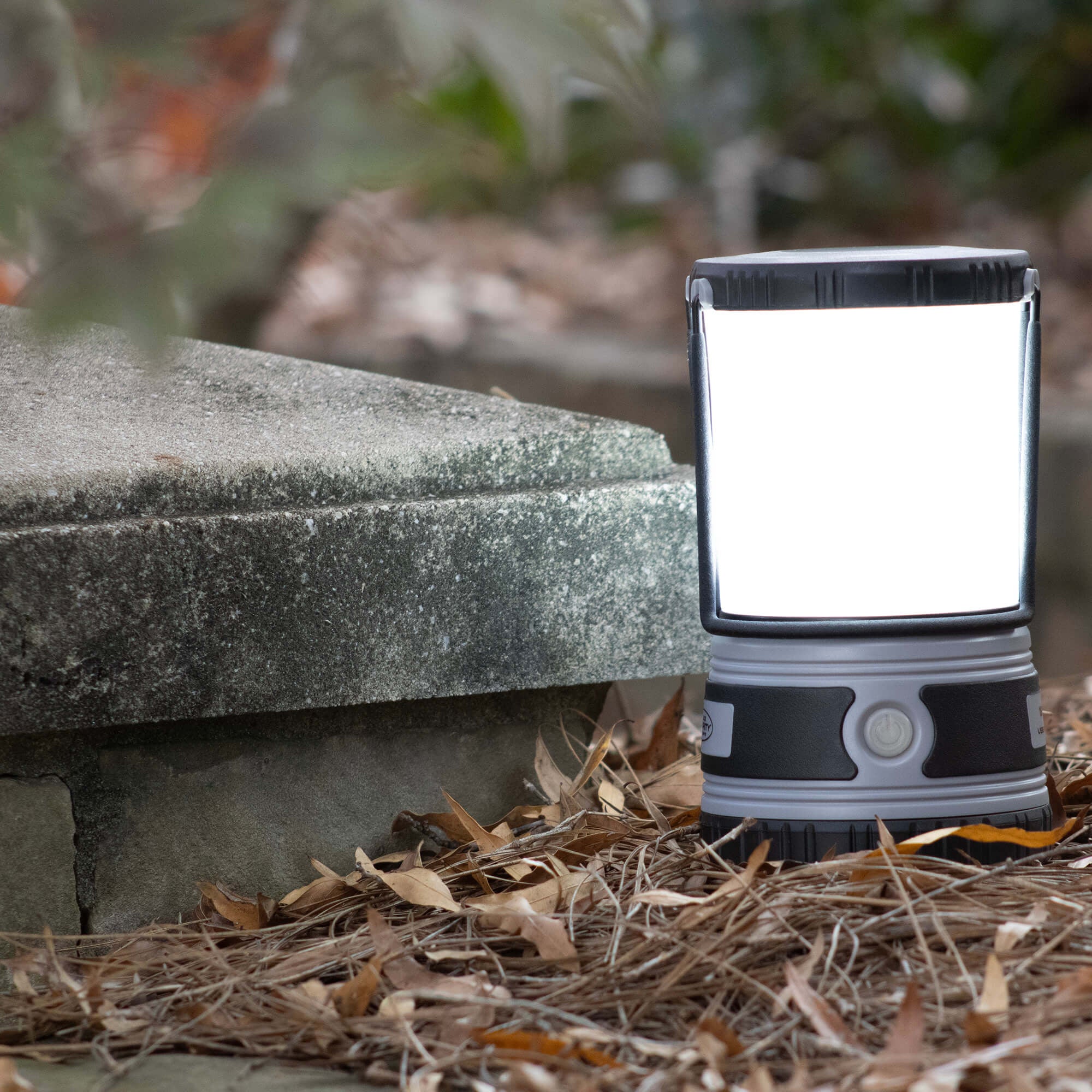 A portable outdoor lantern light with a bright white illuminated panel, standing on dry leaves next to a stone ledge in a natural outdoor setting.
