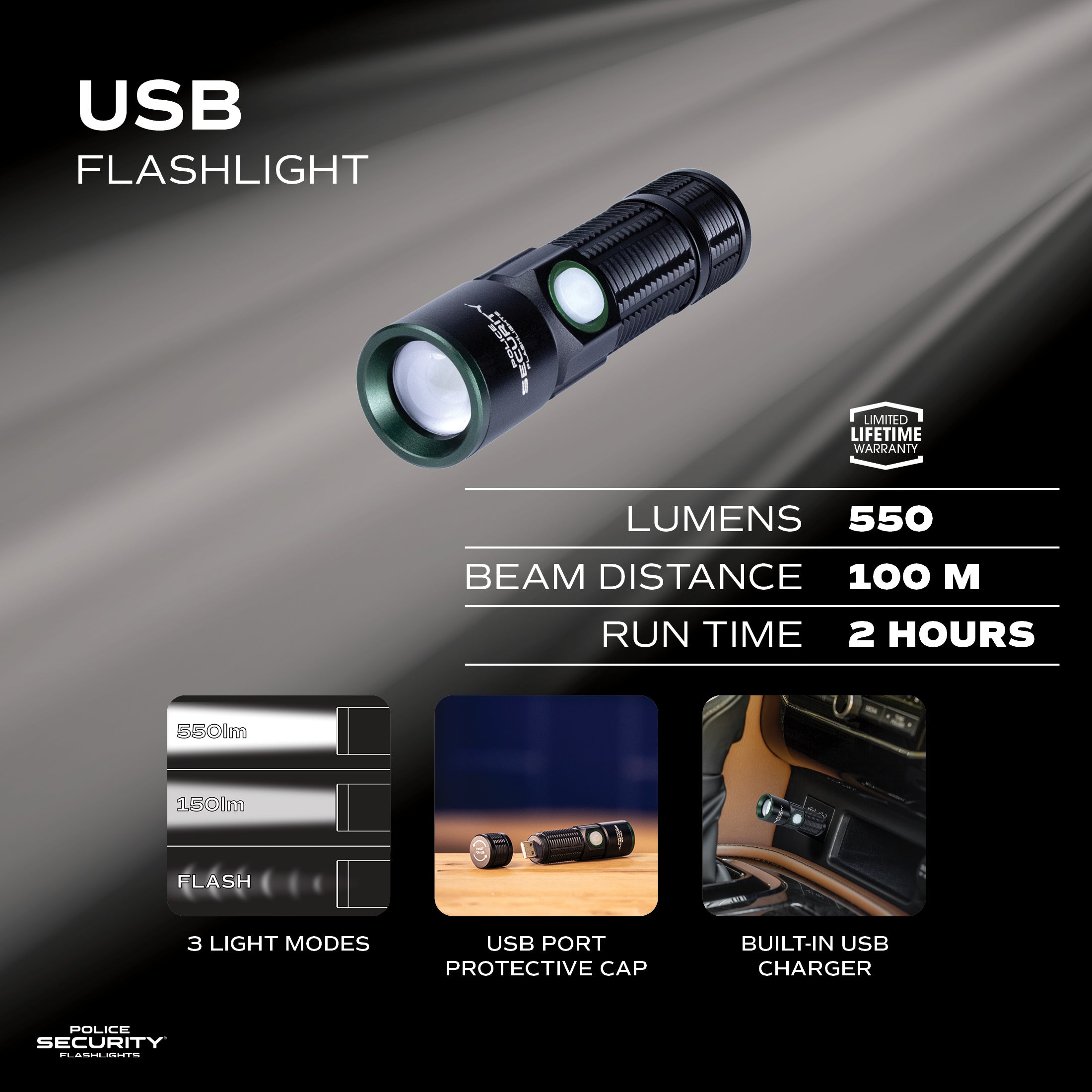USB 550 LUMEN CAR LED RECHARGEABLE FLASHLIGHT