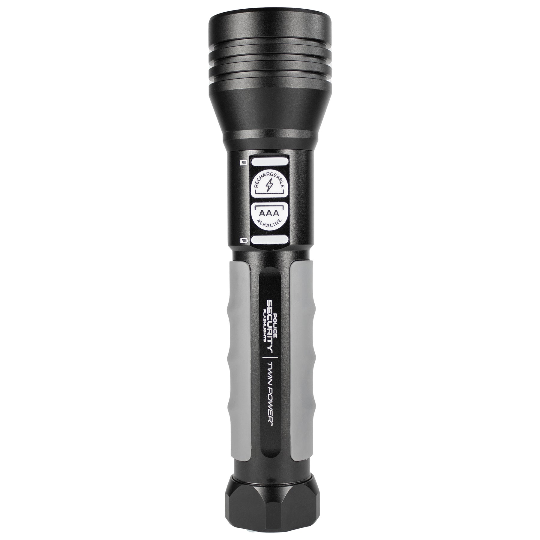 Police Security Twin Power 1000 rechargeable flashlight as viewed from above