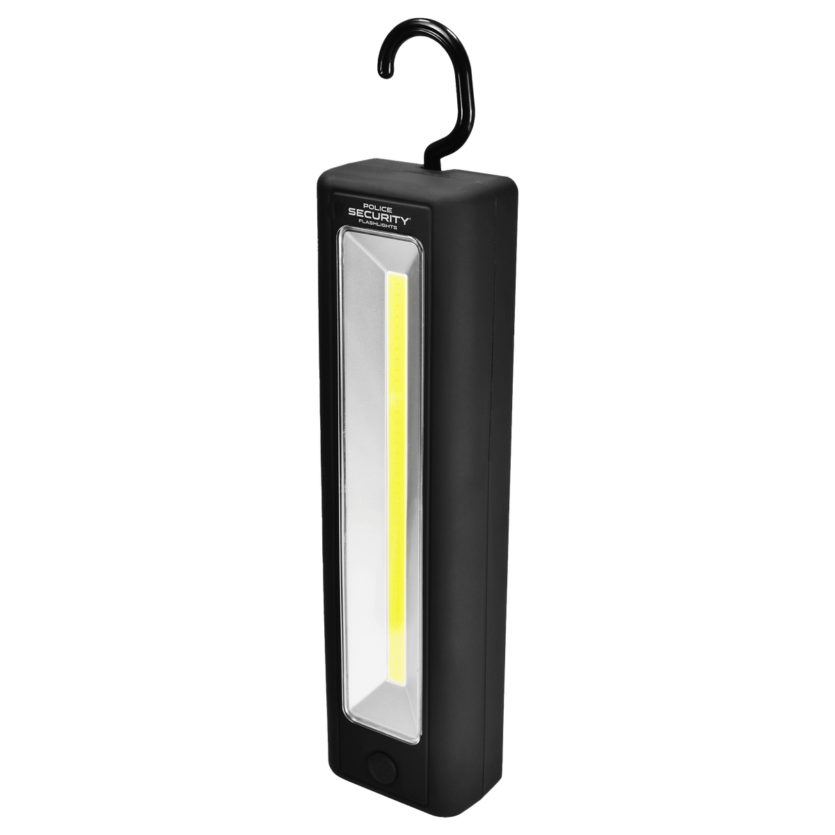 A black rectangular hanging LED work light with a bright yellow light bar in the center and a black hook at the top, shown on a plain white background.