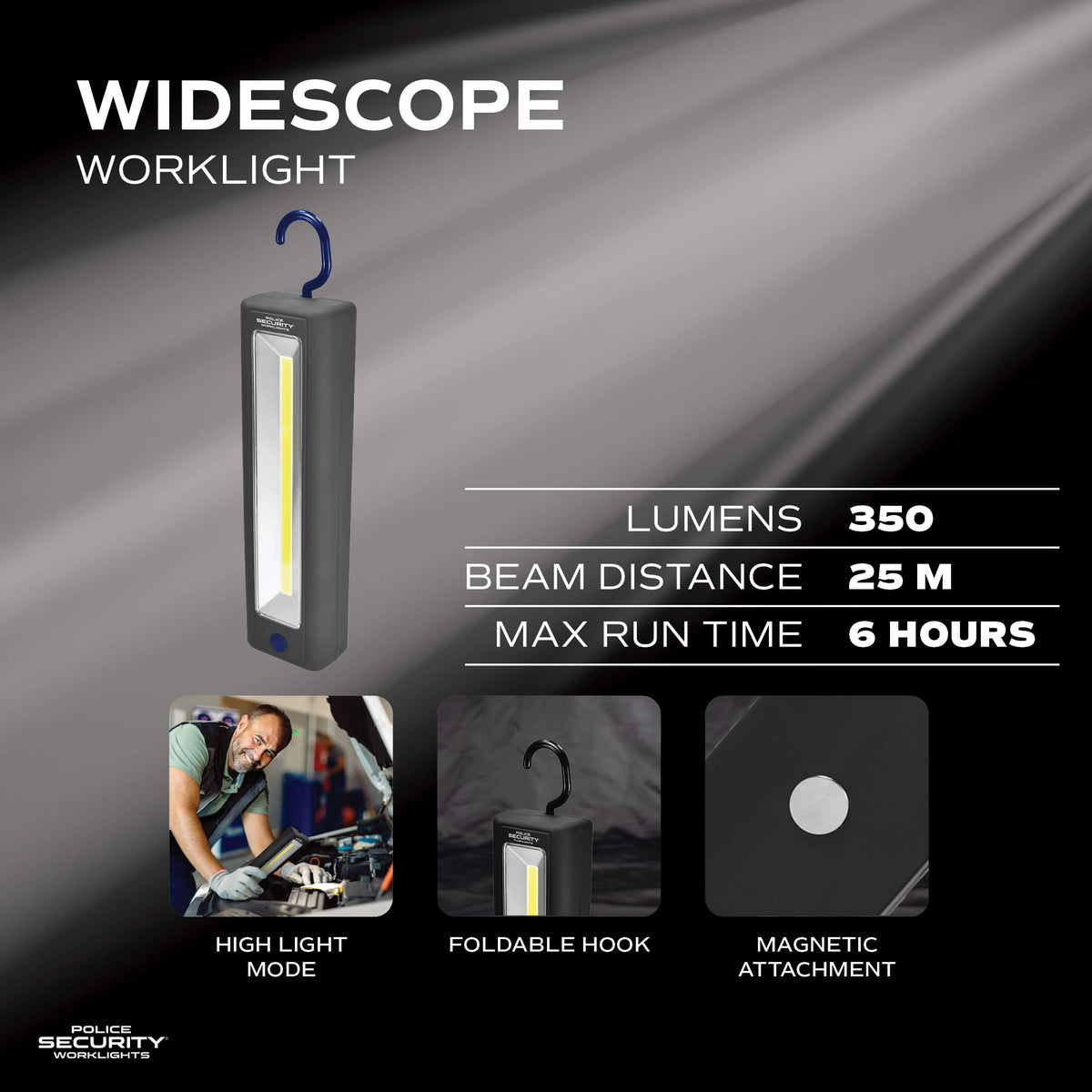 Widescope Worklight LED flashlight with a foldable hook and magnetic attachment, shown on a dark graphic background with feature callouts and small usage inset photos.