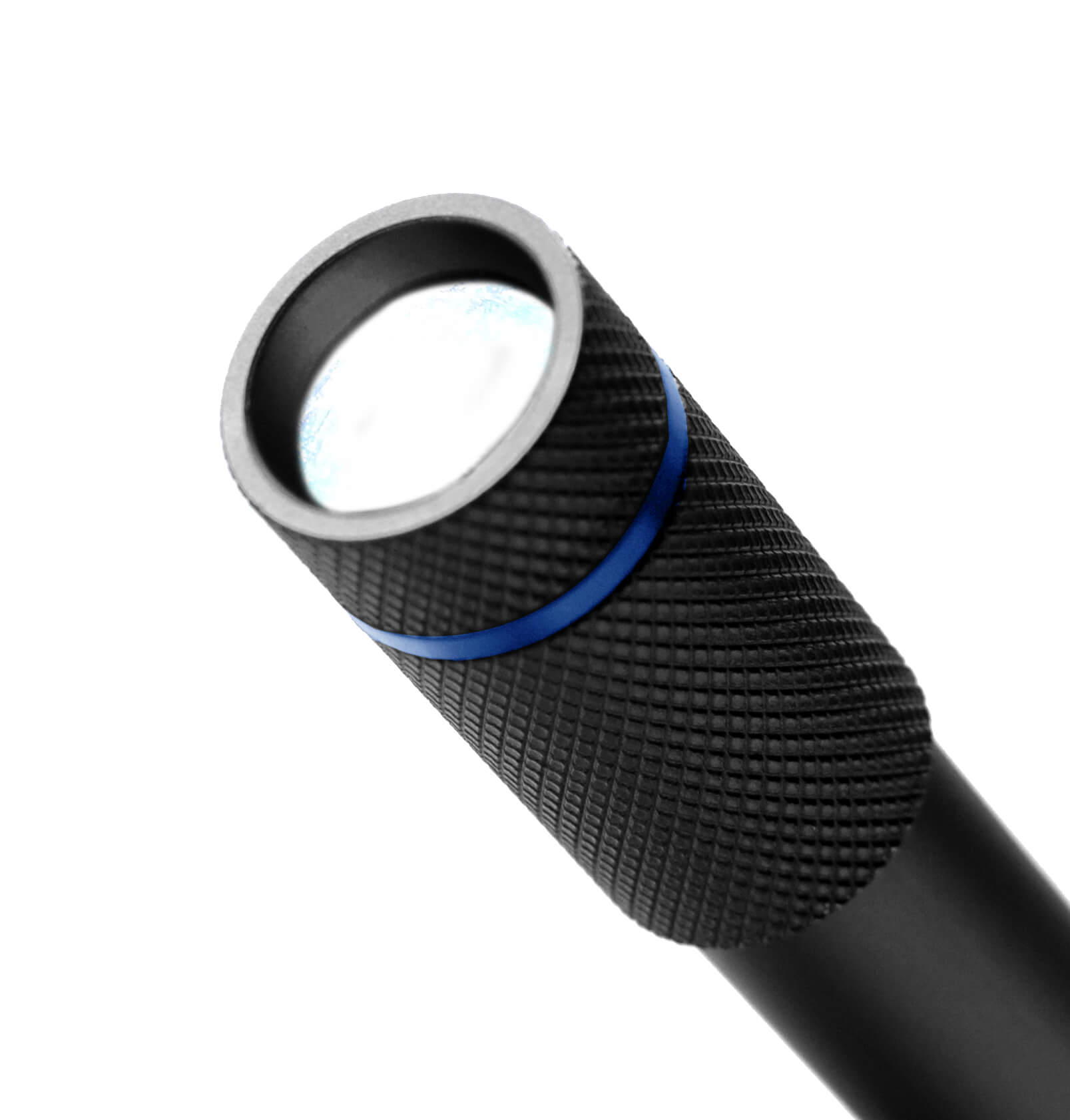 Close-up of a black textured flashlight body with a blue accent ring and a clear lens, shown on a white background.