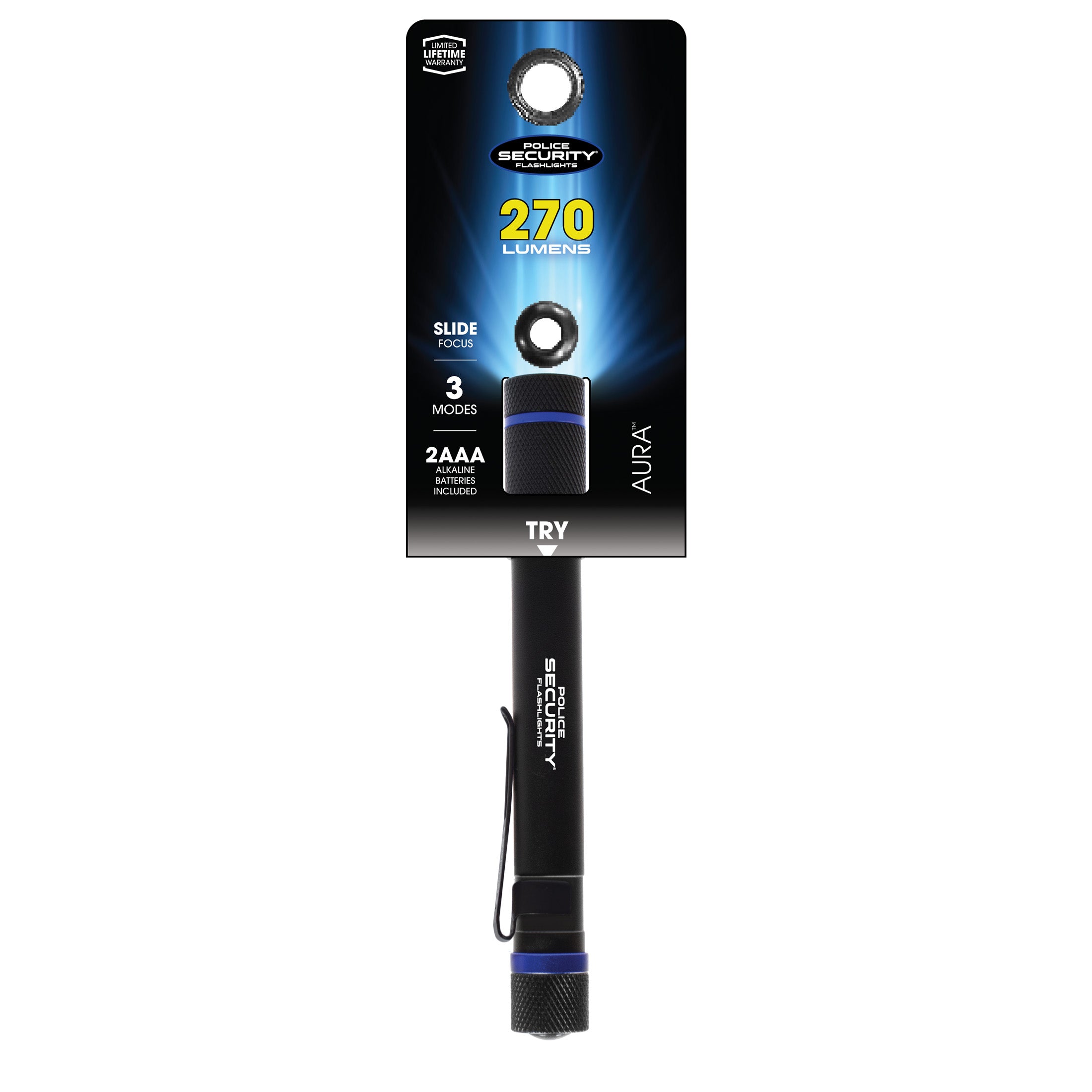 an image of the AURA BLACK penlight in its package