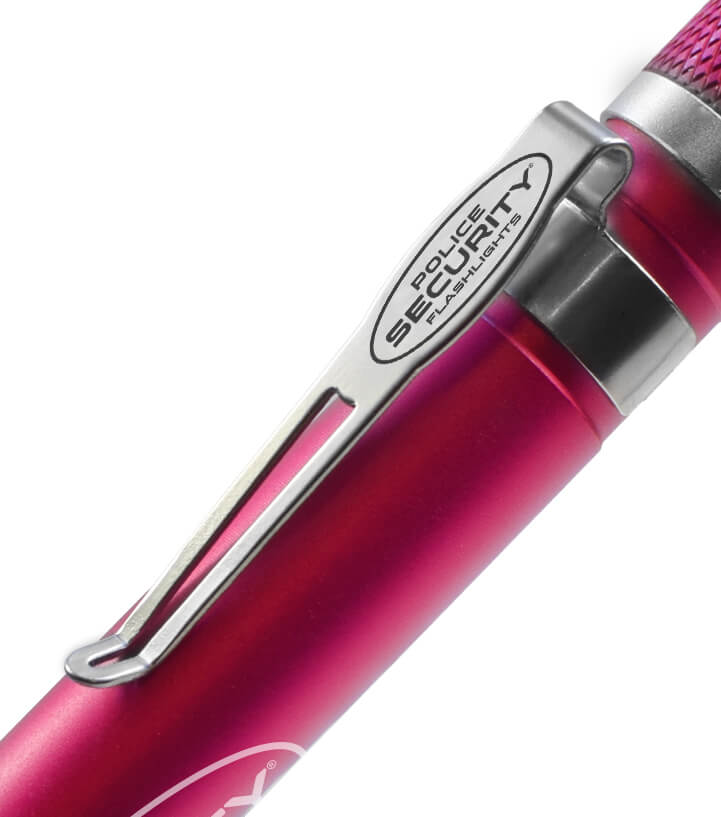 A close-up of a metallic pink Aura penlight with a silver clip featuring the 'POLICE SECURITY' logo, set against a plain white background.