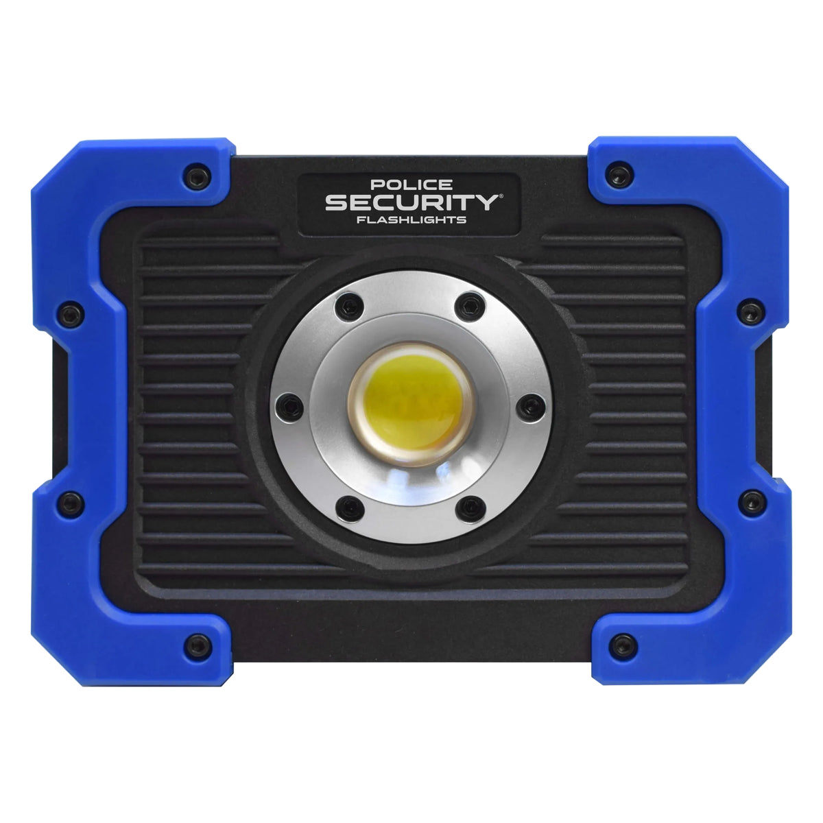 A Police Security Flashlights LED spotlight with a blue and black rugged housing, featuring a silver circular bezel and a glowing yellow LED core in the center.