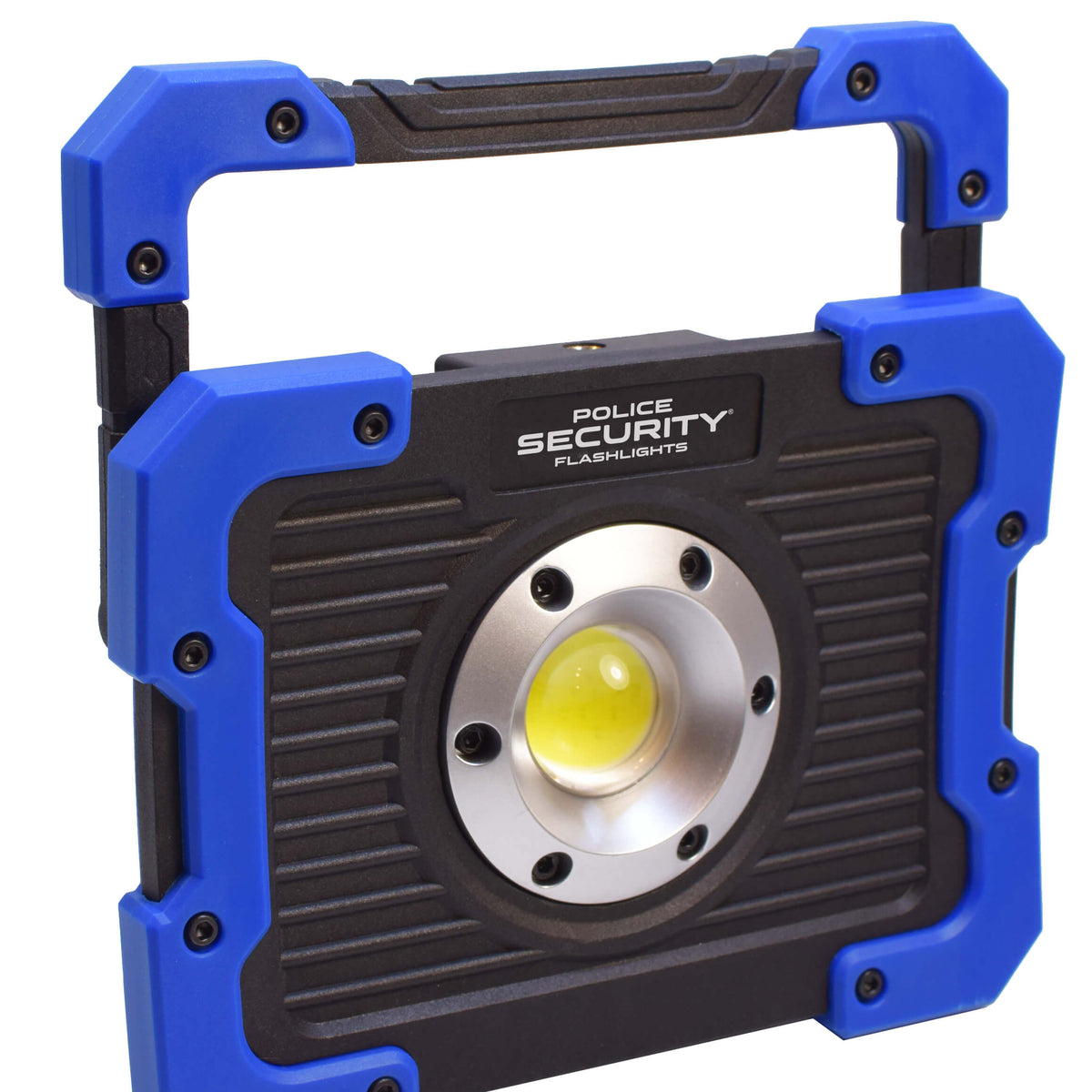 A rugged police security floodlight lantern with a blue and black protective casing, a top carrying handle, and a central LED light lens, shown on a plain white background.