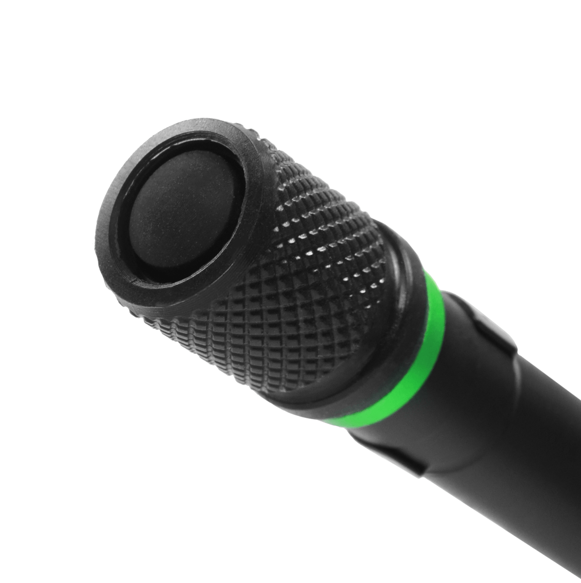 Close-up of the tail switch of the Aura-RS rechargeable flashlight featuring a textured grip, a circular black button, and a bright green accent band, set against a solid white background.