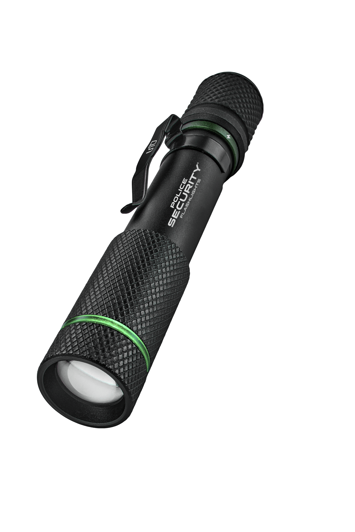 A black flashlight with a textured grip, a black clip, and green accent rings, shown on a plain white background.