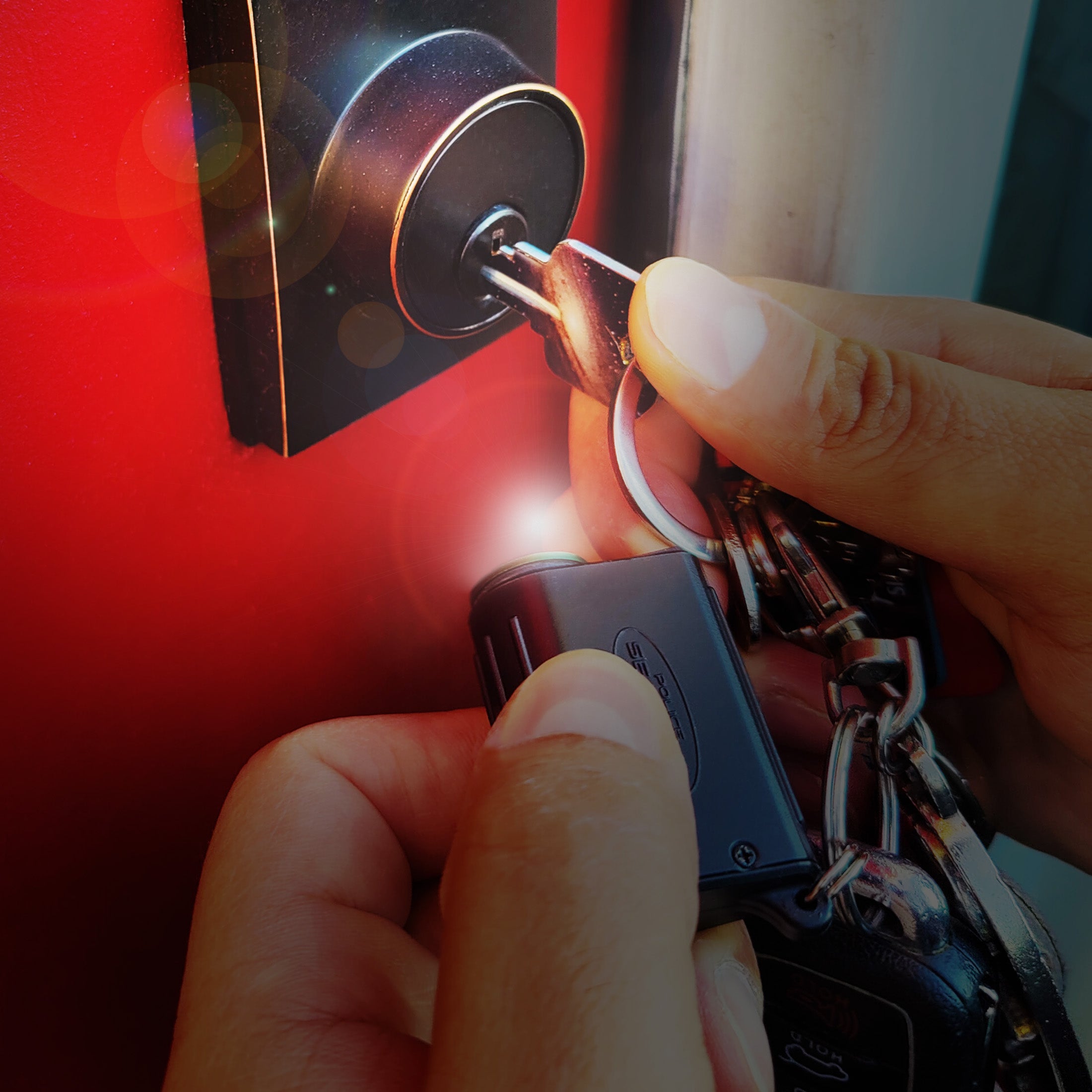 An image of hands unlocking the door with the help of the SEEKER-R Rechargeable Keychain Light