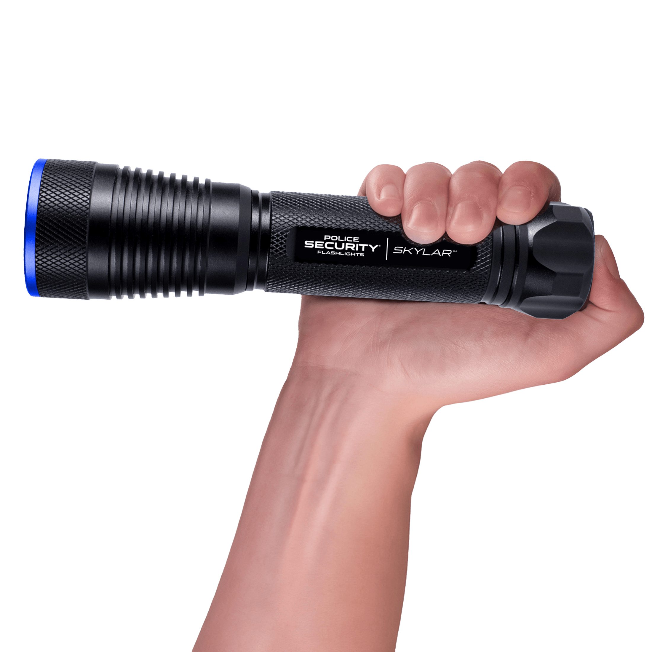 A hand holding a black flashlight with a blue accent ring. The flashlight features a textured grip