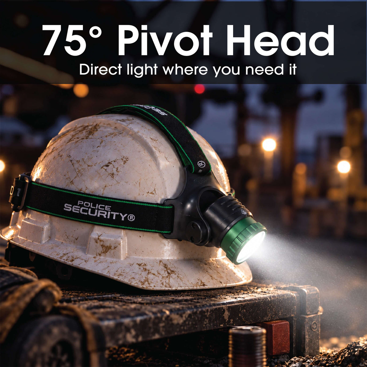 The Police Security Blackout-R rechargeable headlamp on a hard hat with text discussing its pivoting feature
