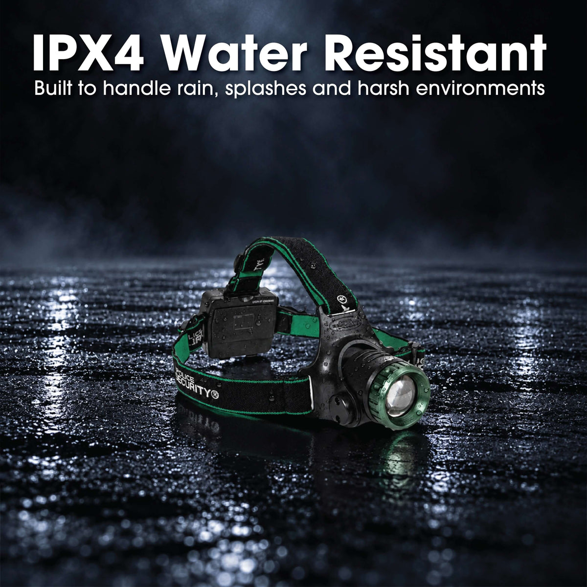 The Police Security Blackout-R rechargeable headlamp in a web environment with text highlighting its IPX4 water resistance rating