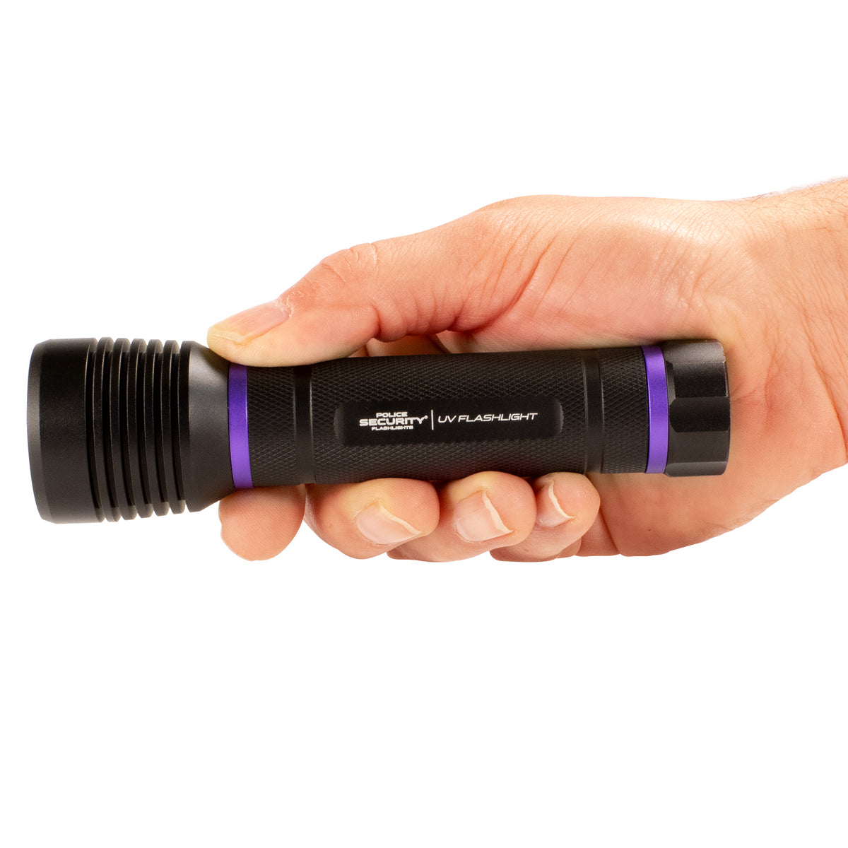 A Police Security UV Flashlight held in a user's hand