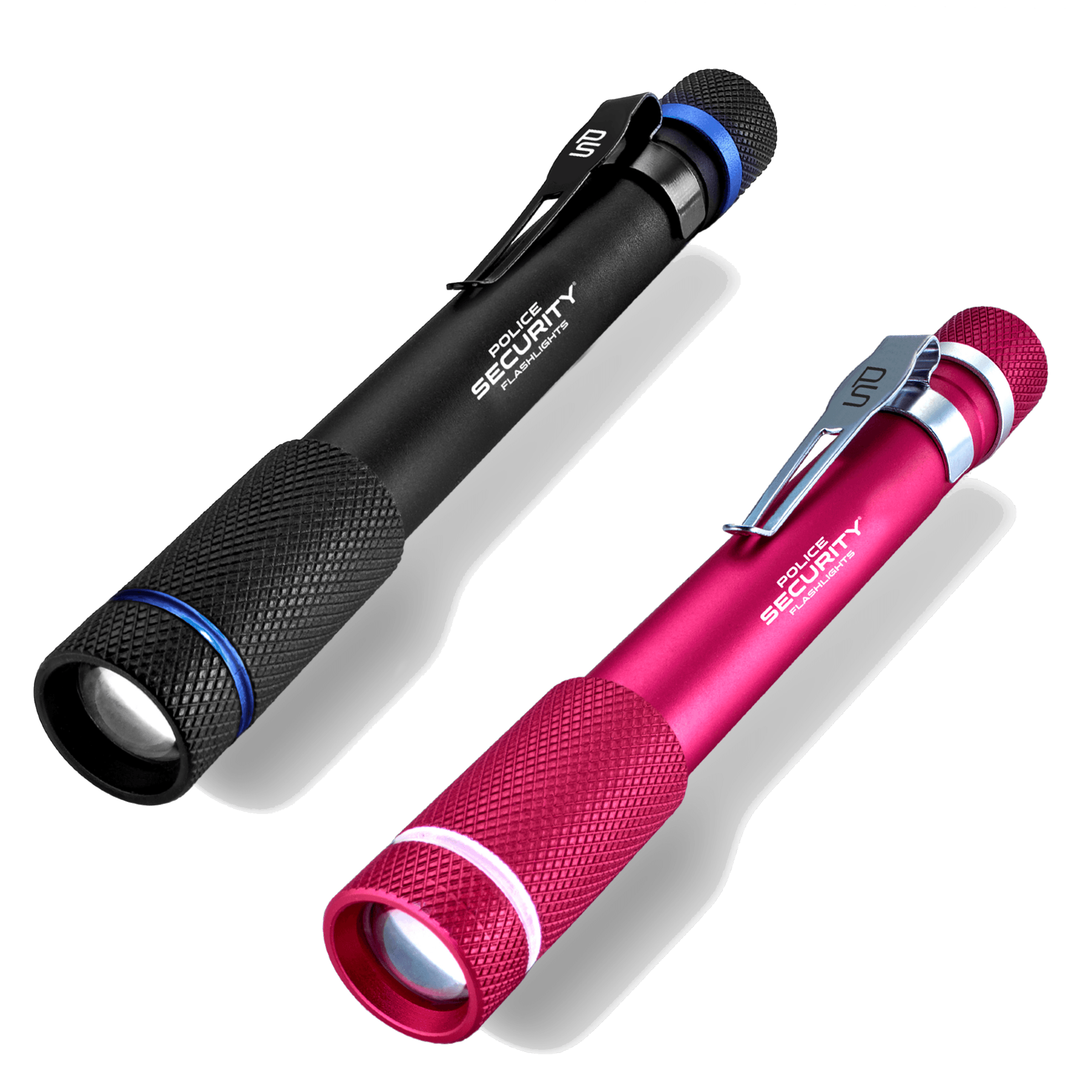 Two pen-style flashlight tools on a clean white background: one black with blue accents and one metallic pink with silver accents. Both have pocket clips, textured grips, and visible branding text.
