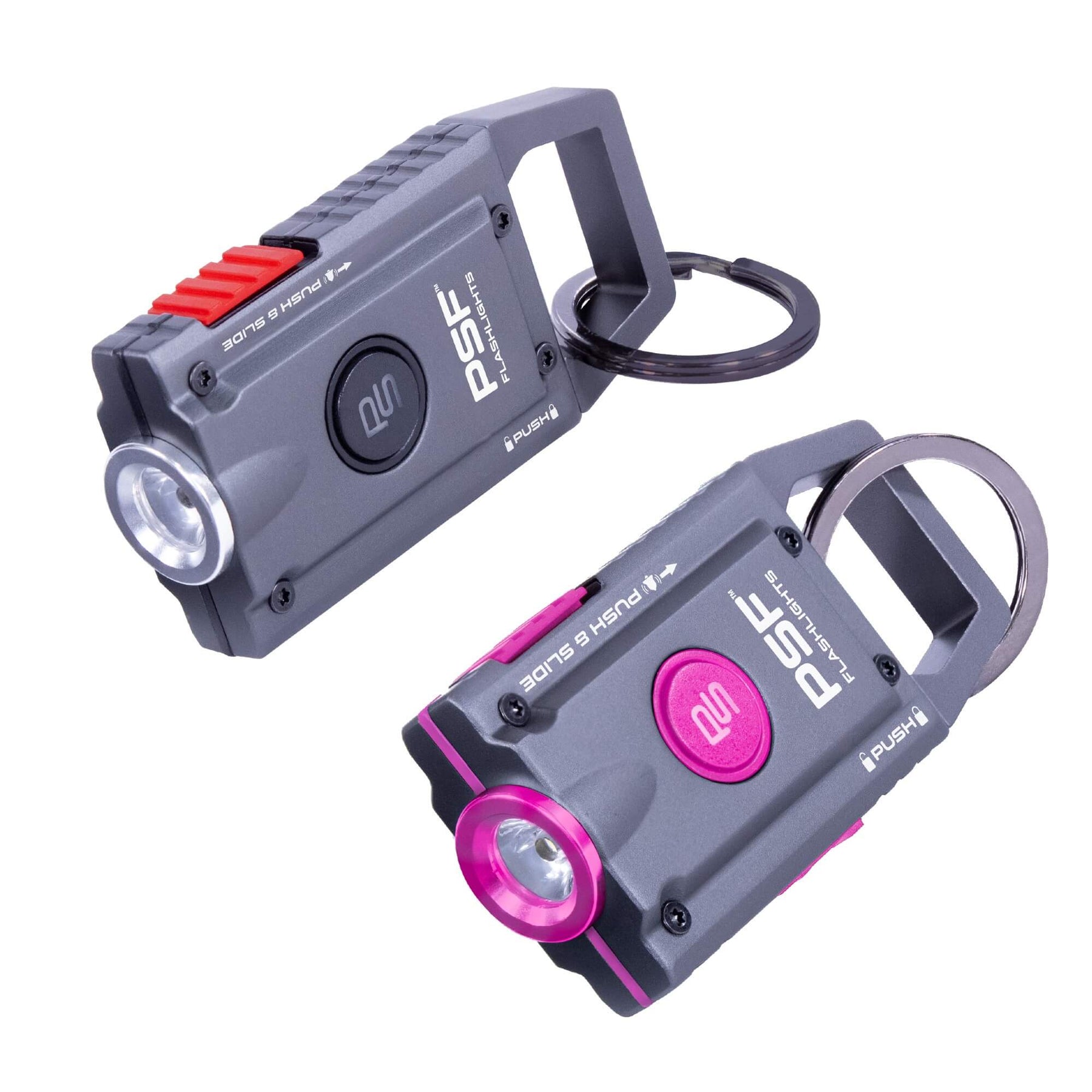 Two Police Security Alert120 personal safety flashlights on a white background, one in gray with a red switch and the other in gray with a pink button and pink accents.