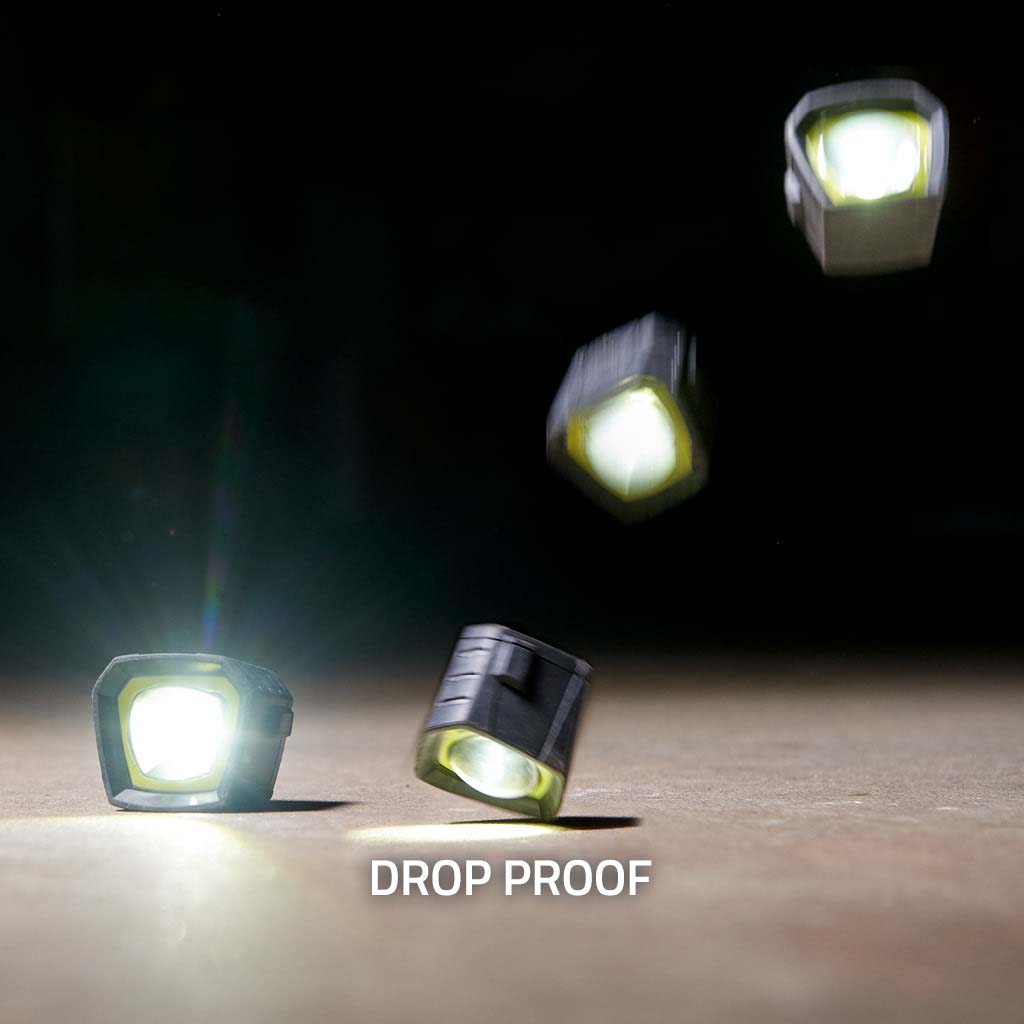An image of the R 230 light falling to the floor with the caption "DROP PROOF"