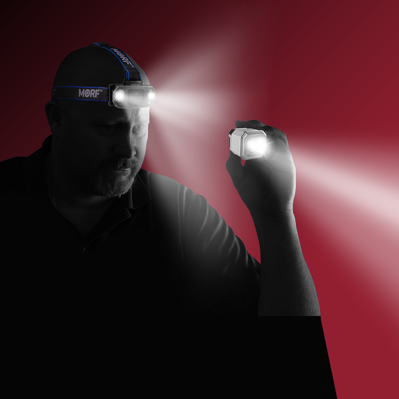 an image of a man's silhouette with the MORF L650 headlamp shining on his head and the removable part in his hand