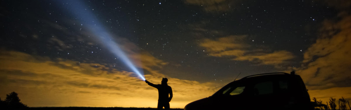 A man shining a flashlight up into the sky at dusk