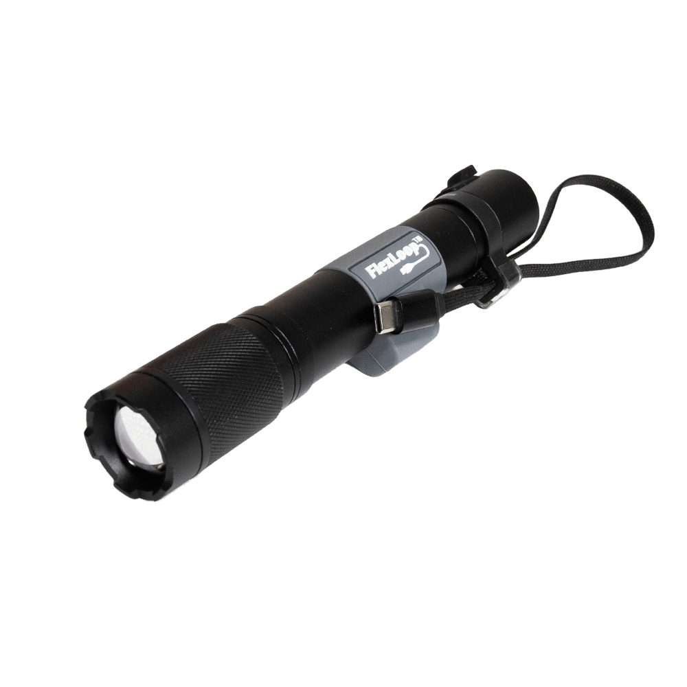 Black Flexloop Aura RX flashlight on a white background