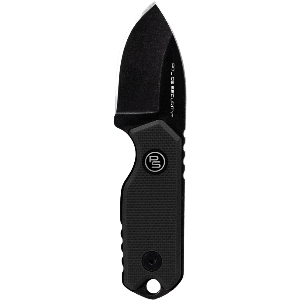 A black Police Security Mate fixed blade knife as viewed from the side