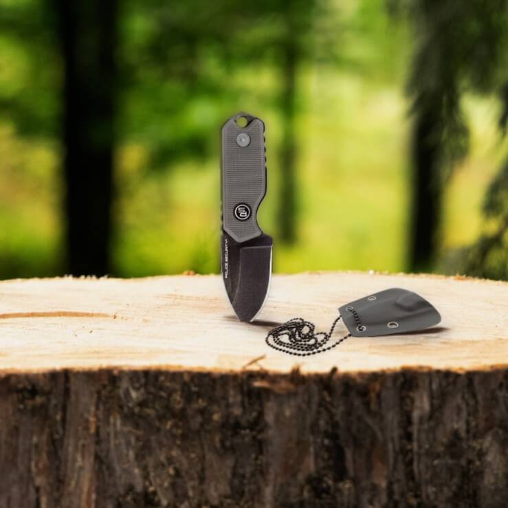 A small black Police Security Mate pocket knife stabbed into a stump. There are trees in the background and a neck sheath lying next to it.
