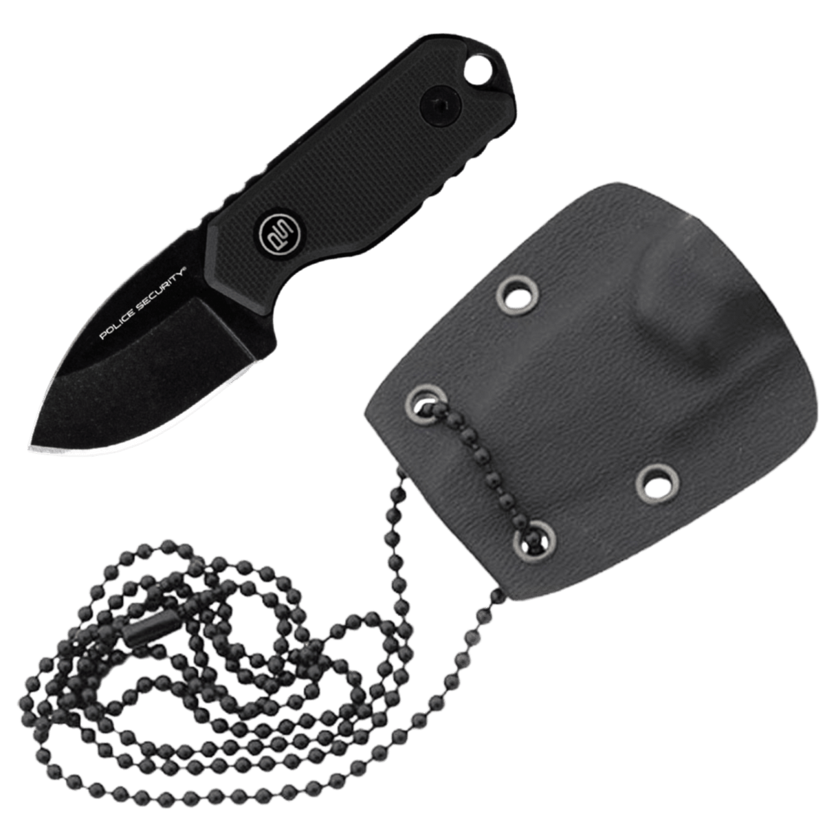 A small knife with a sheath attached to a metal chain