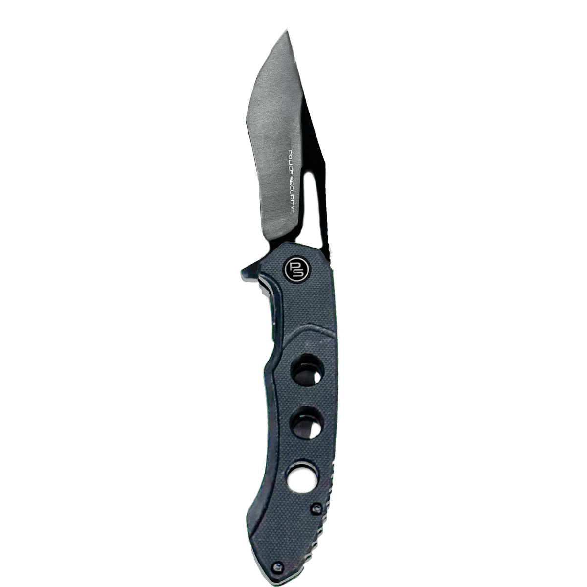 The TKX Pro pocket knife with black G10 handle and black blade on a transparent background