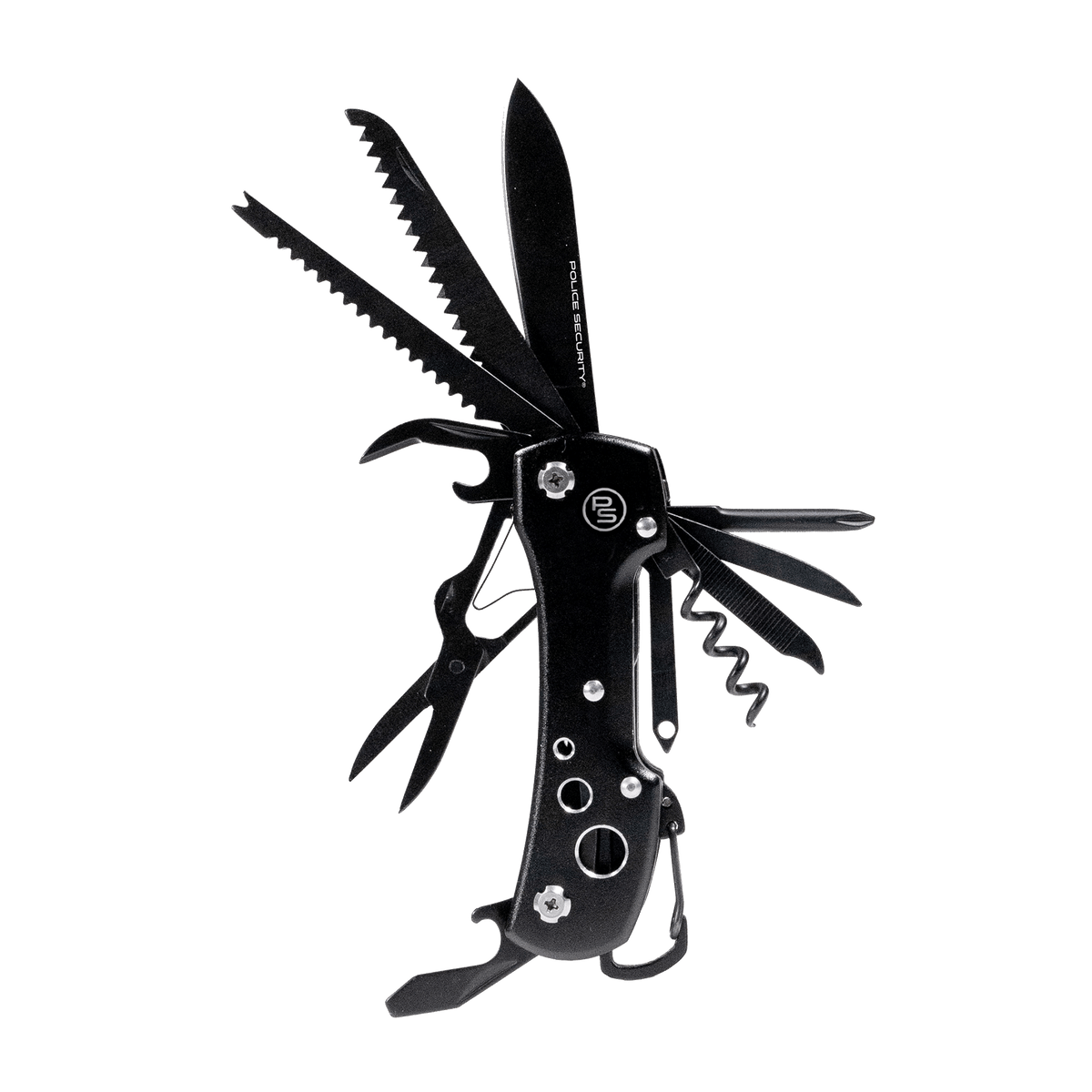A black multi-tool pocket knife with 15 tools, all unfolded to display them