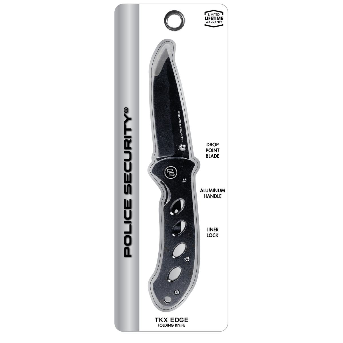A black pocket knife in retail packaging. The model reads Police Security TKX Edge